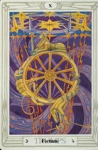 A tarot card with a wheel and stars.