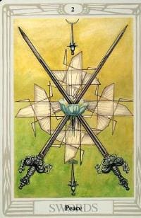 A painting of two swords and a flower.